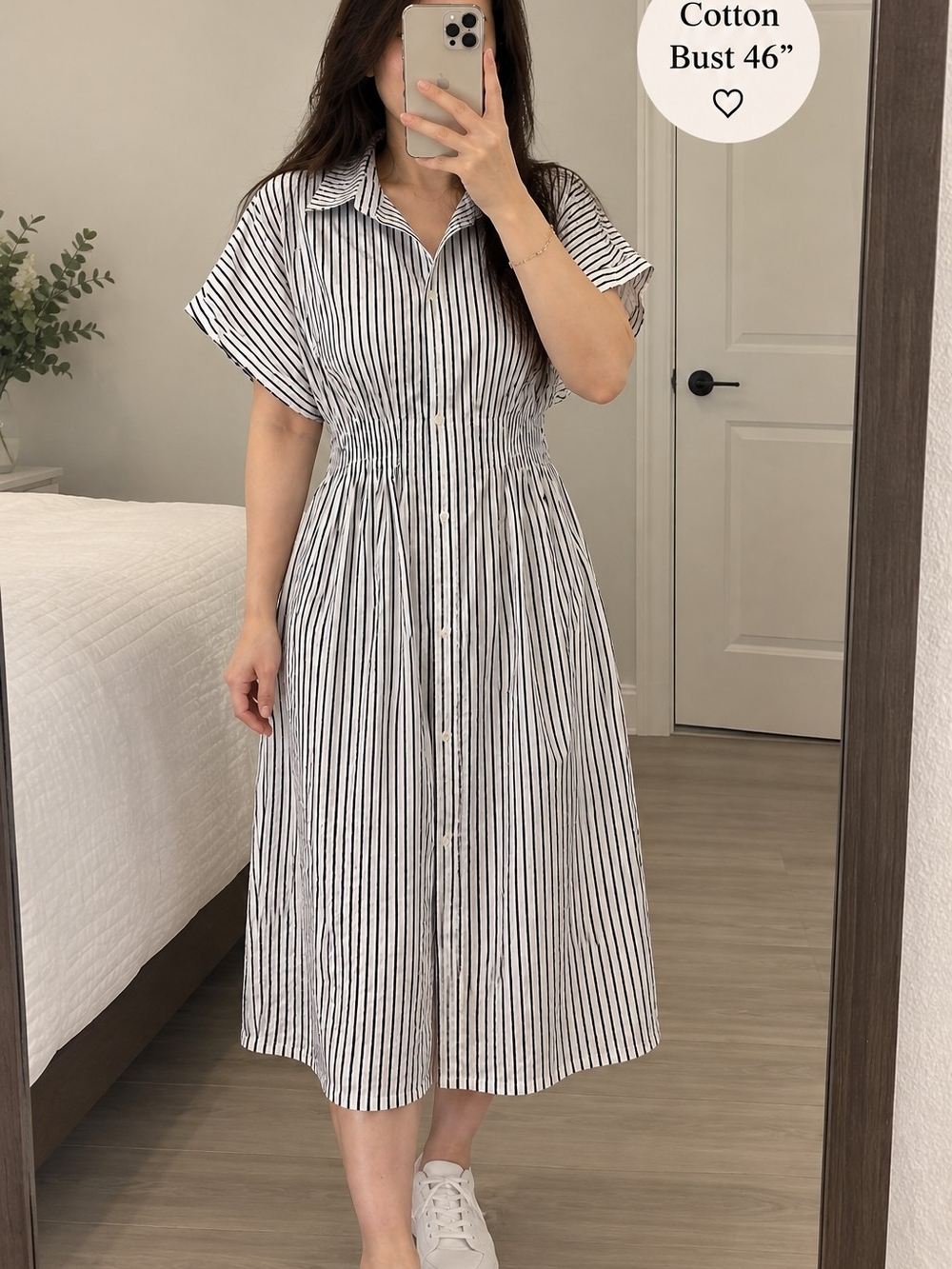 Black & White Striped Button-Front Midi Dress